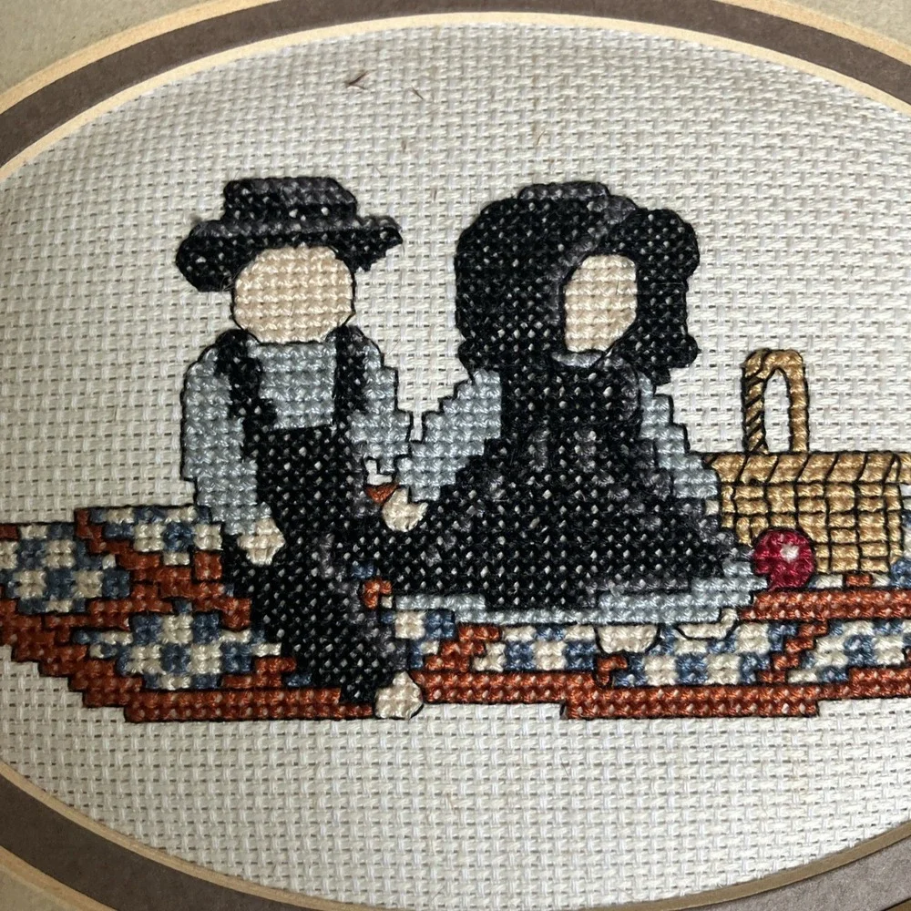 Vintage Hand Cross‎ Stitch Amish boy and girl doll picnic blanket Wood Frame